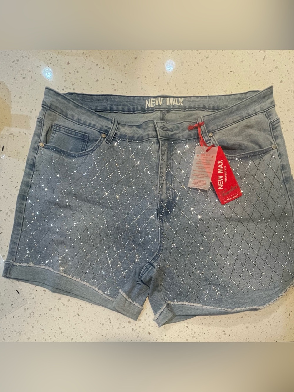 feathers Light Blue Denim Shorts with Sparkle Grid